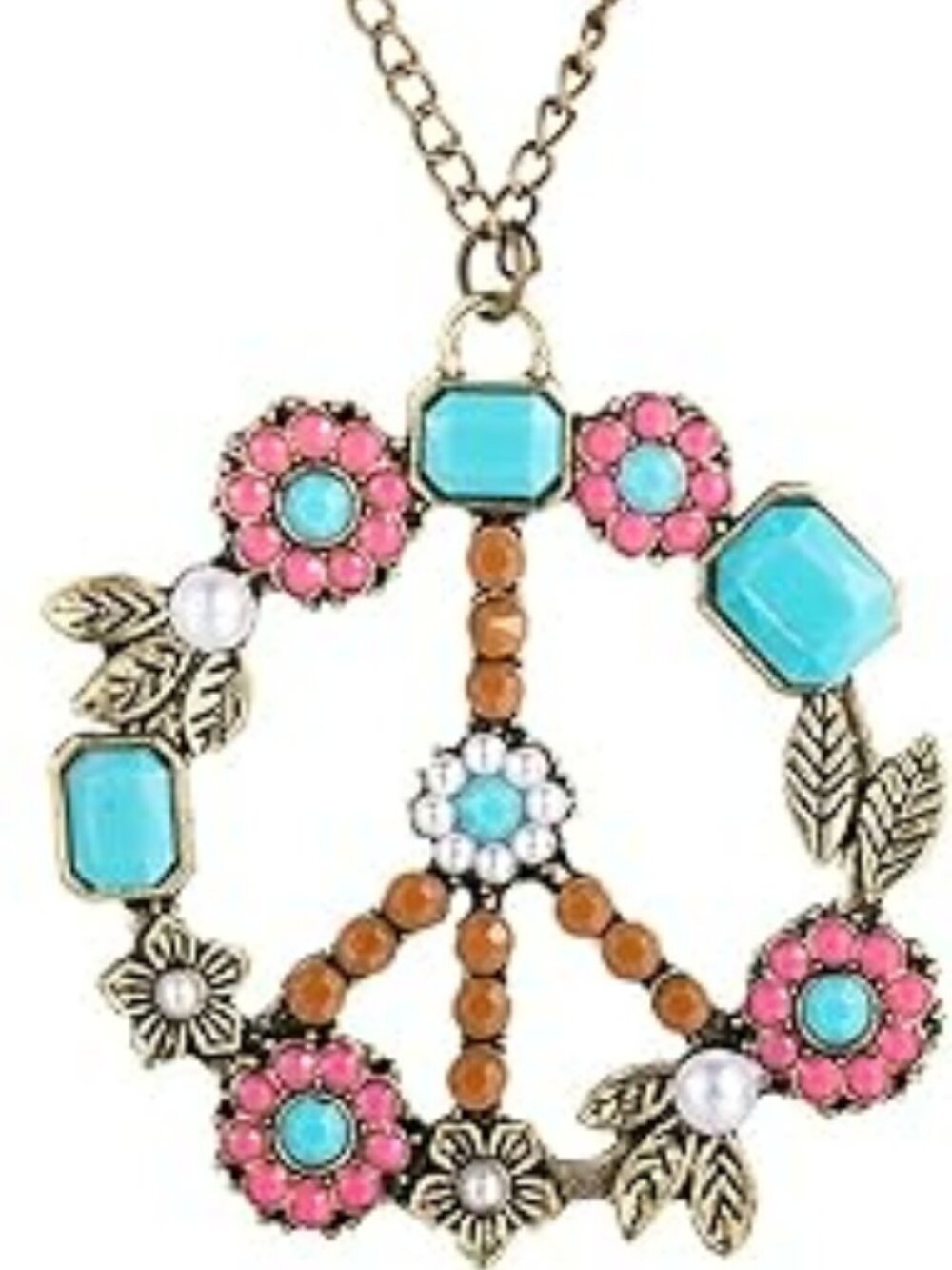 New! Boho Peace Sign Necklace Handmade Colorful Hippie Flower Beads Turquoise